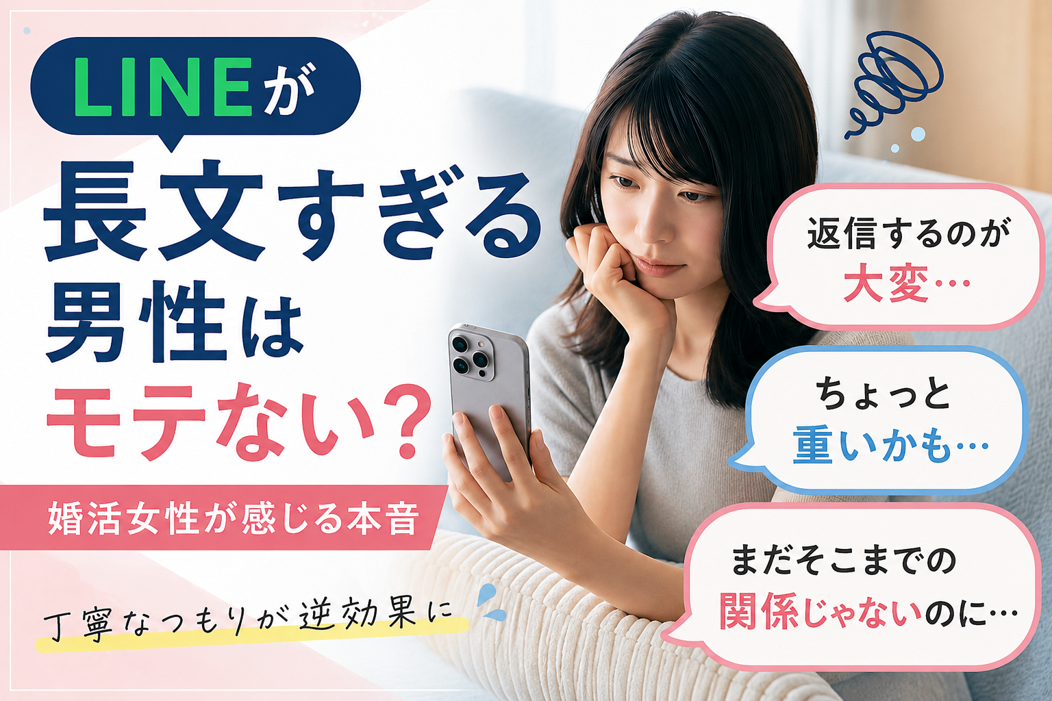 婚活中にLINEを見ながら悩む女性のイメージ